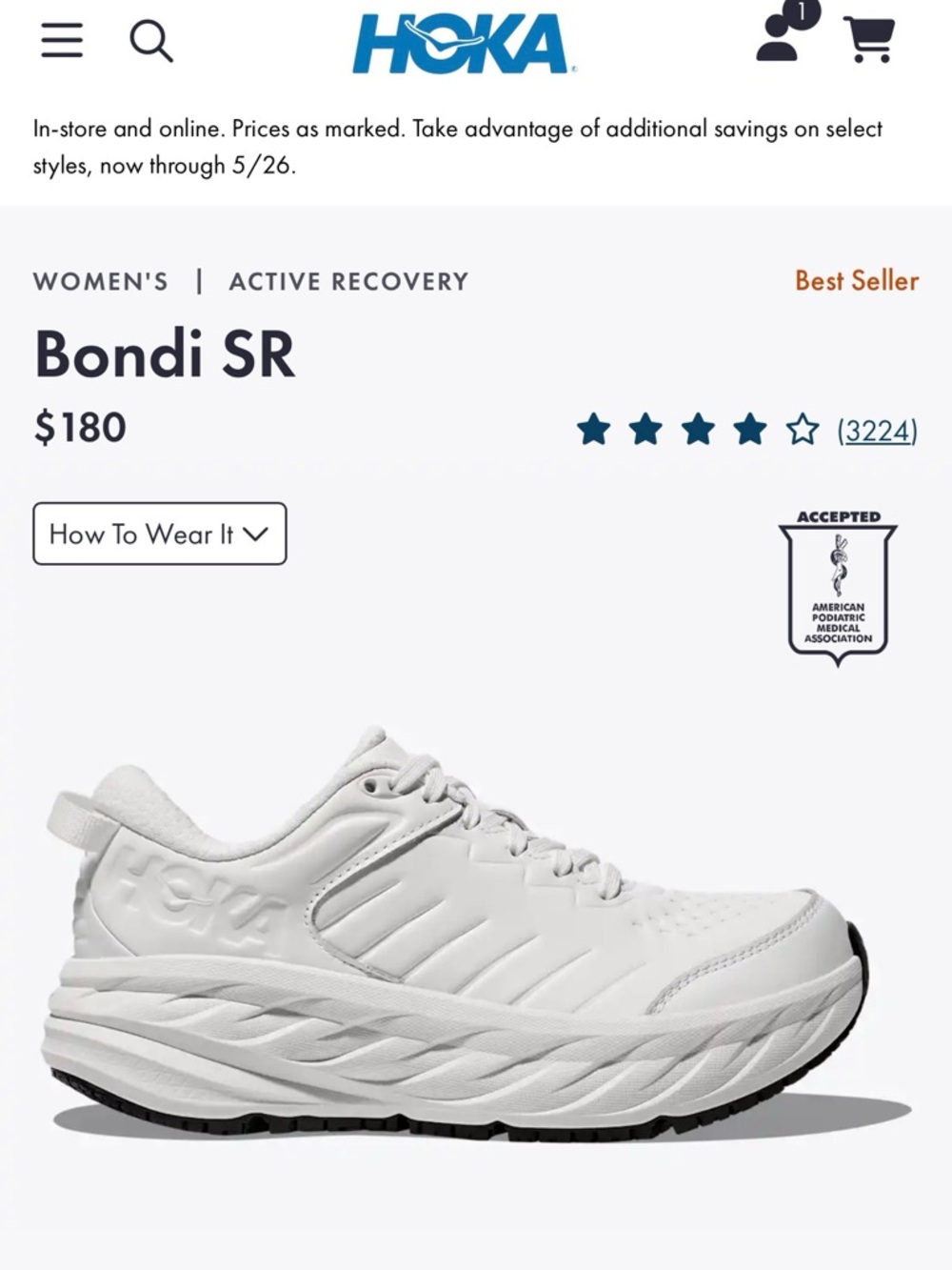 Hoka Bondi SR Women's White Athletic Recovery Shoe